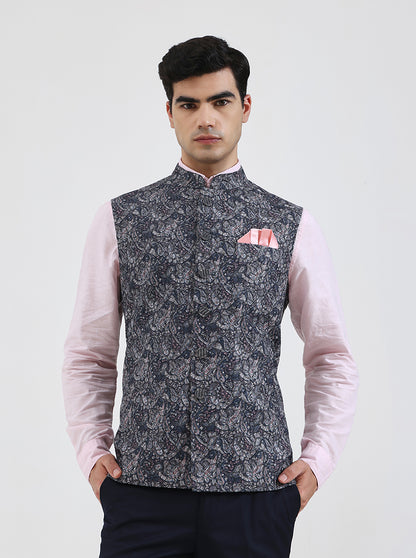 Grey & Blue Printed Regular Fit Waistcoat | JB Studio