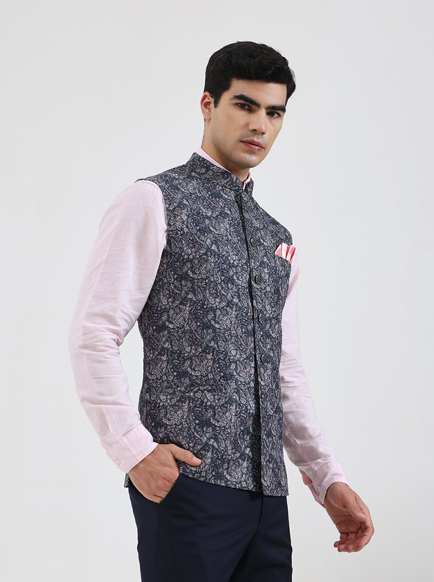 Grey & Blue Printed Regular Fit Waistcoat | JB Studio