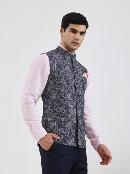 Grey & Blue Printed Regular Fit Waistcoat | JB Studio