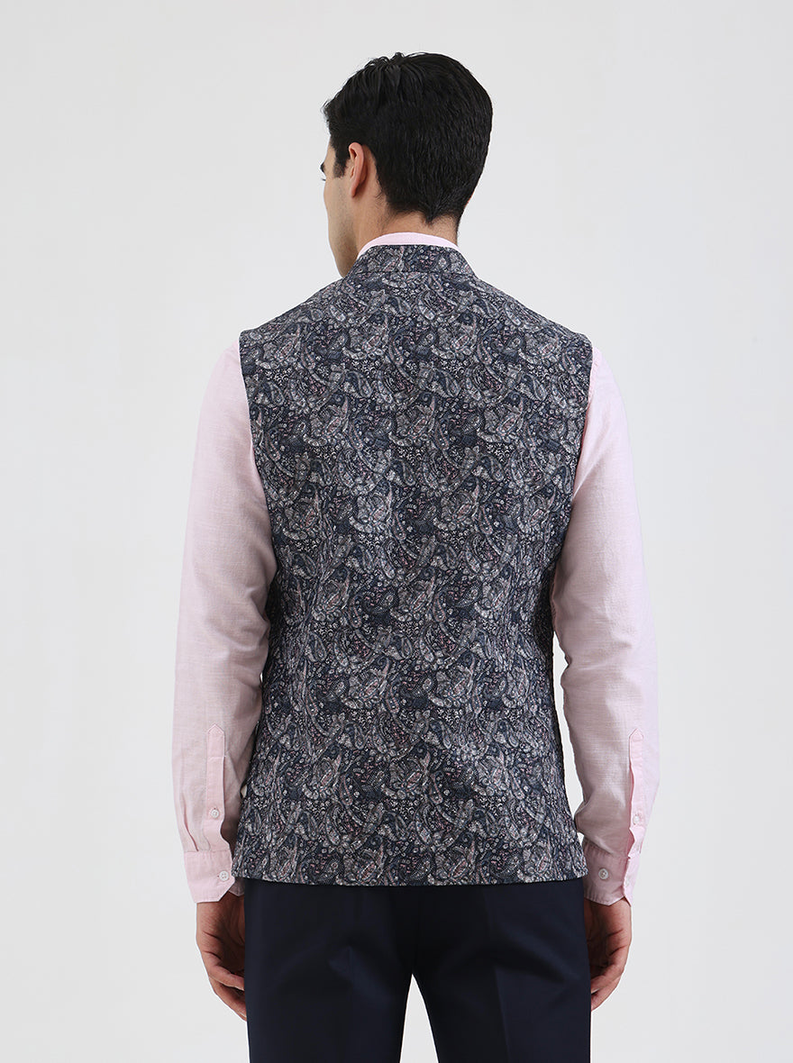 Grey & Blue Printed Regular Fit Waistcoat | JB Studio