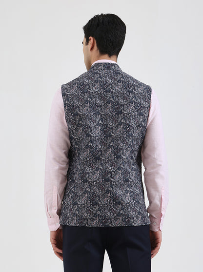 Grey & Blue Printed Regular Fit Waistcoat | JB Studio