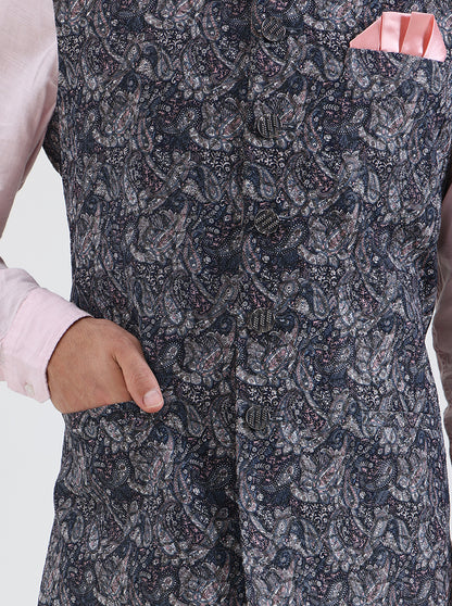 Grey & Blue Printed Regular Fit Waistcoat | JB Studio