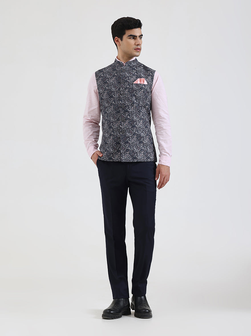 Grey & Blue Printed Regular Fit Waistcoat | JB Studio
