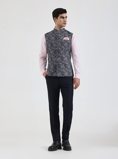 Grey & Blue Printed Regular Fit Waistcoat | JB Studio