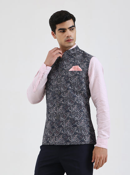 Grey & Blue Printed Regular Fit Waistcoat | JB Studio