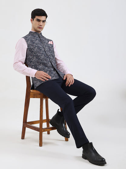 Grey & Blue Printed Regular Fit Waistcoat | JB Studio