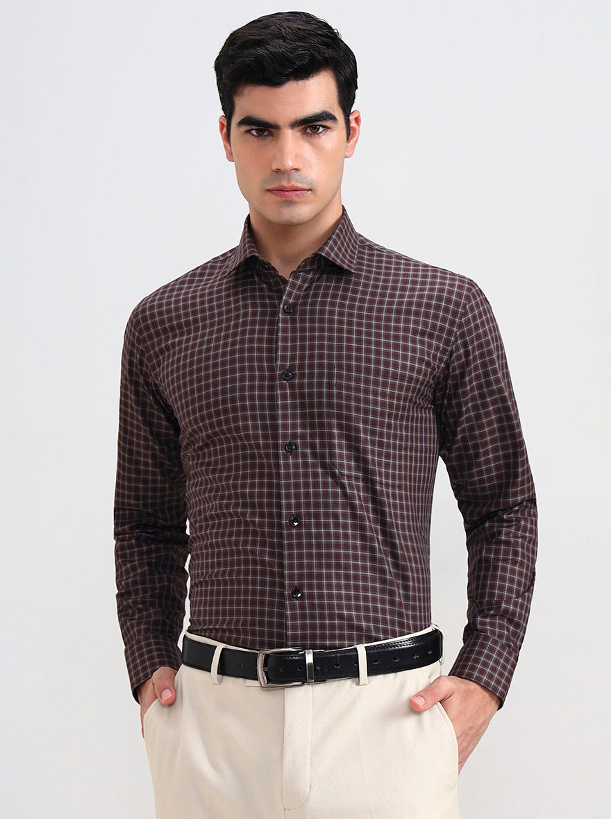 Brown Checked Slim Fit Formal Shirt | Metal
