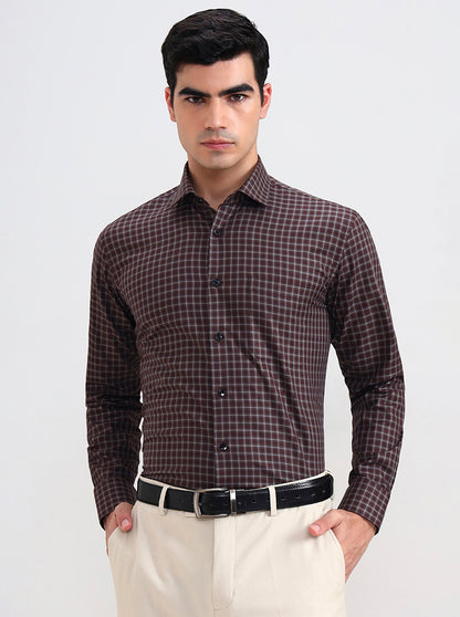 Brown Checked Slim Fit Formal Shirt | Metal