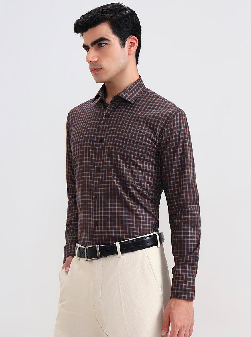 Brown Checked Slim Fit Formal Shirt | Metal