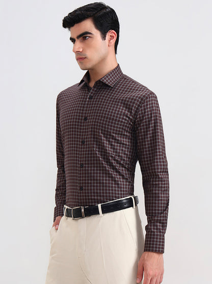 Brown Checked Slim Fit Formal Shirt | Metal