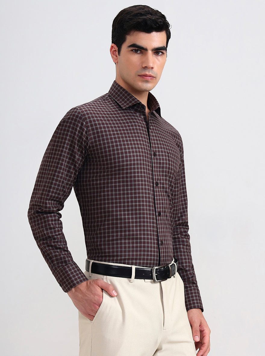 Brown Checked Slim Fit Formal Shirt | Metal