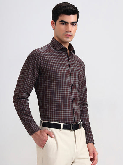 Brown Checked Slim Fit Formal Shirt | Metal