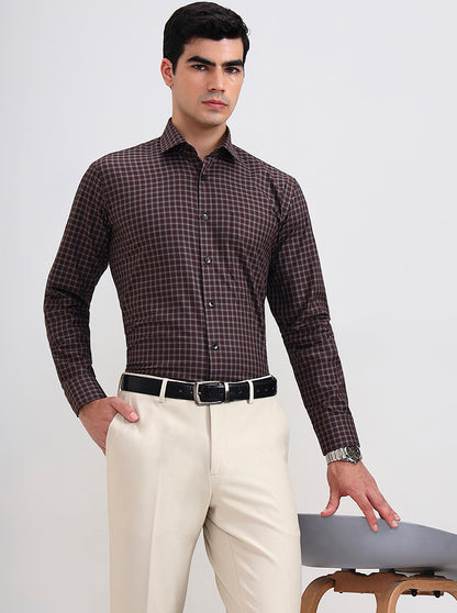Brown Checked Slim Fit Formal Shirt | Metal