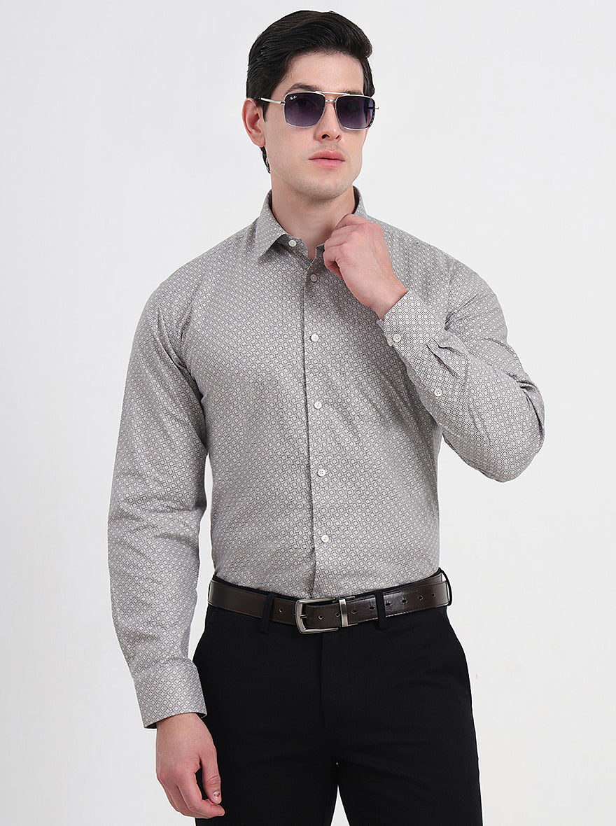 Grey & Black Printed Regular Fit Formal Shirt | JadeBlue