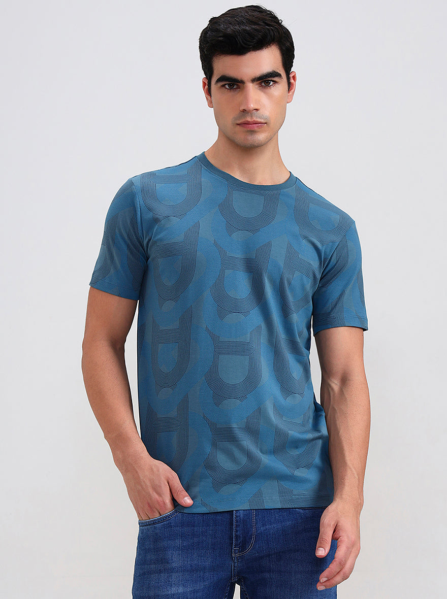 Teal Blue Printed Slim Fit T-Shirt | JadeBlue