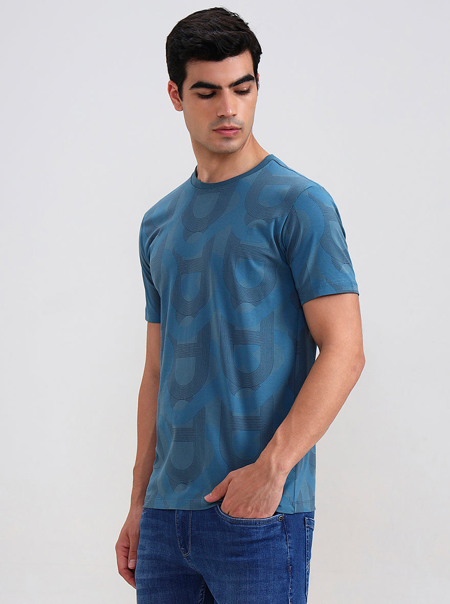 Teal Blue Printed Slim Fit T-Shirt | JadeBlue