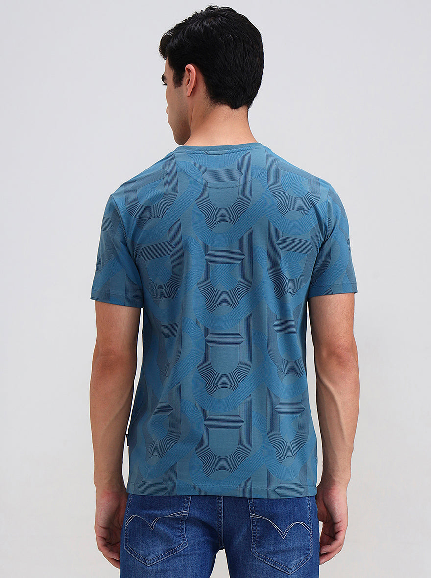 Teal Blue Printed Slim Fit T-Shirt | JadeBlue