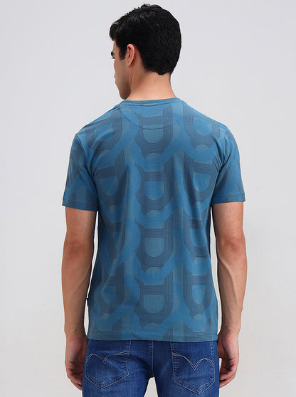 Teal Blue Printed Slim Fit T-Shirt | JadeBlue