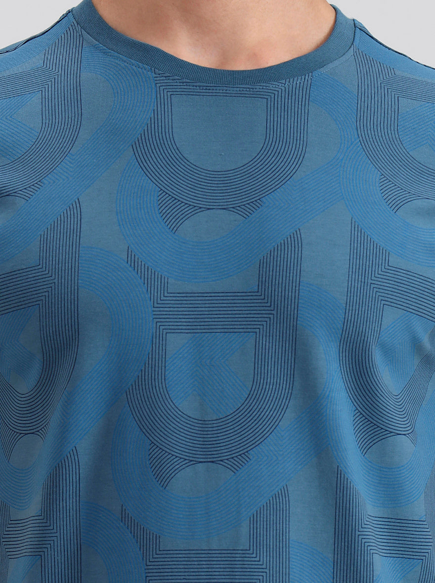 Teal Blue Printed Slim Fit T-Shirt | JadeBlue