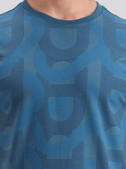 Teal Blue Printed Slim Fit T-Shirt | JadeBlue