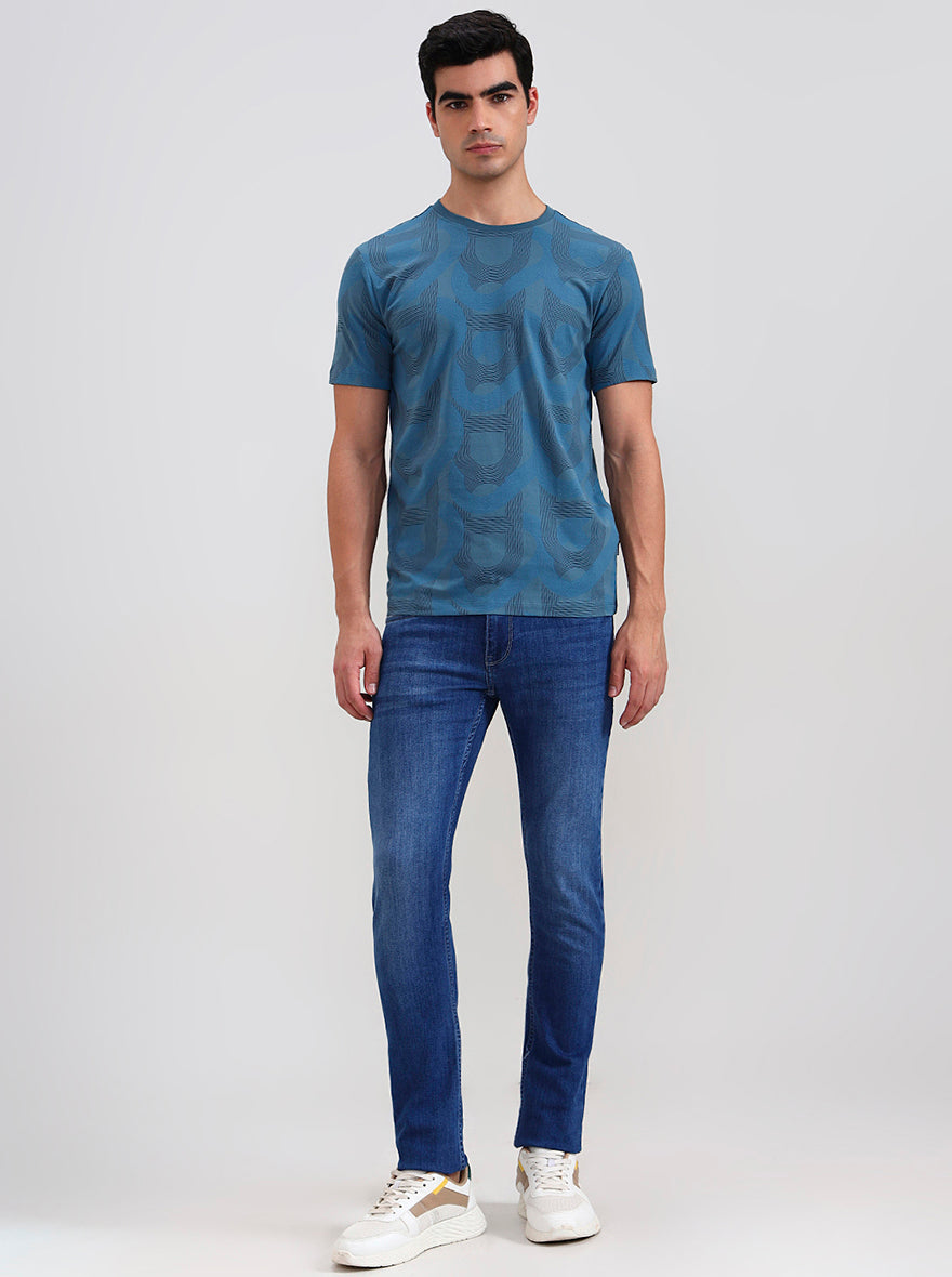 Teal Blue Printed Slim Fit T-Shirt | JadeBlue