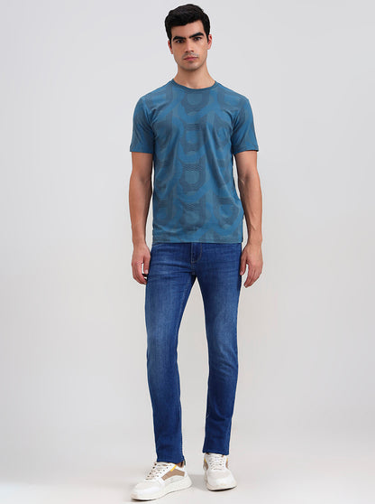 Teal Blue Printed Slim Fit T-Shirt | JadeBlue