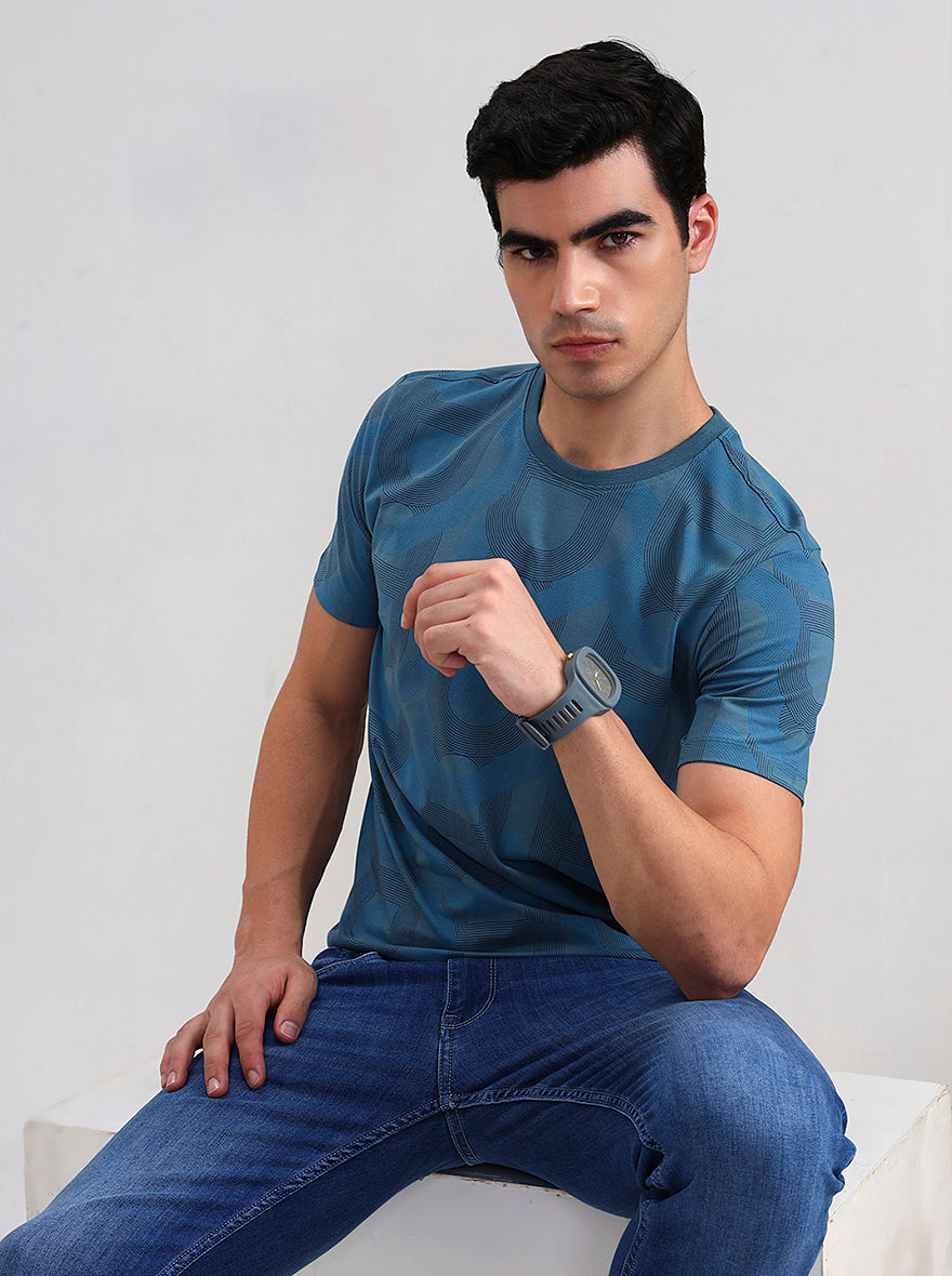 Teal Blue Printed Slim Fit T-Shirt | JadeBlue
