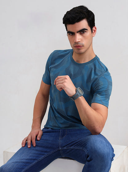 Teal Blue Printed Slim Fit T-Shirt | JadeBlue