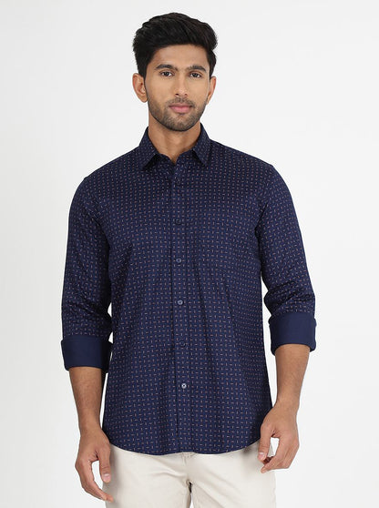 Navy Blue Printed Slim Fit Semi Casual Shirt | JadeBlue