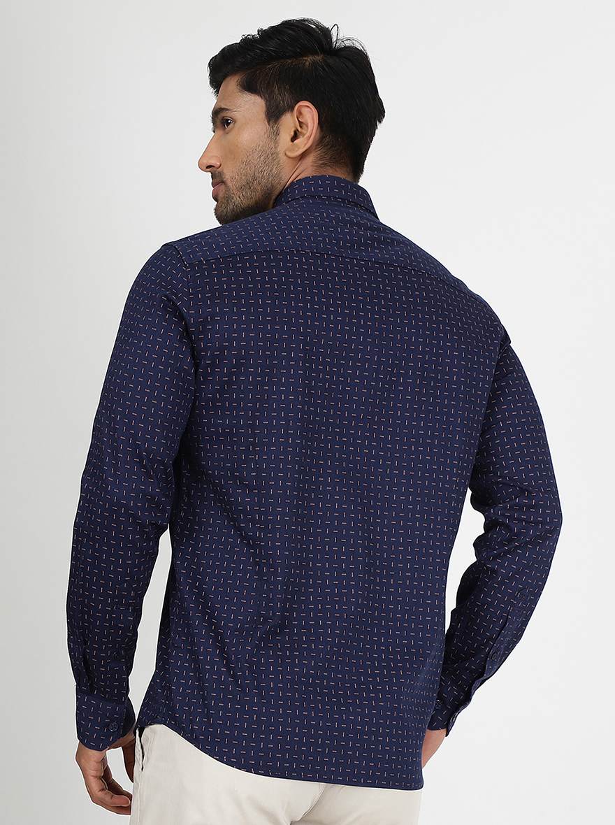 Navy Blue Printed Slim Fit Semi Casual Shirt | JadeBlue