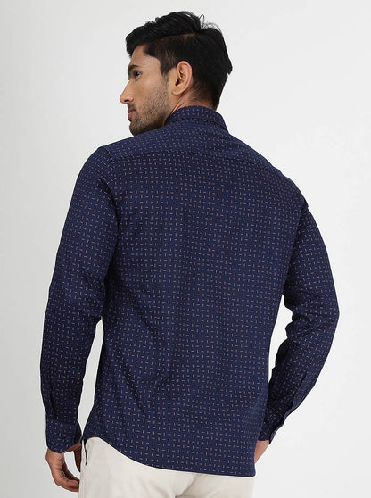 Navy Blue Printed Slim Fit Semi Casual Shirt | JadeBlue