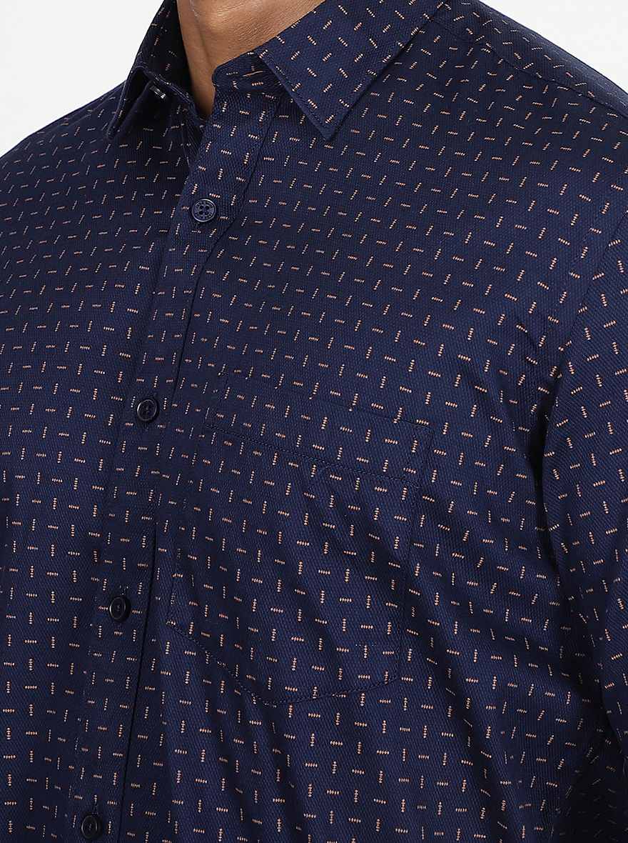 Navy Blue Printed Slim Fit Semi Casual Shirt | JadeBlue