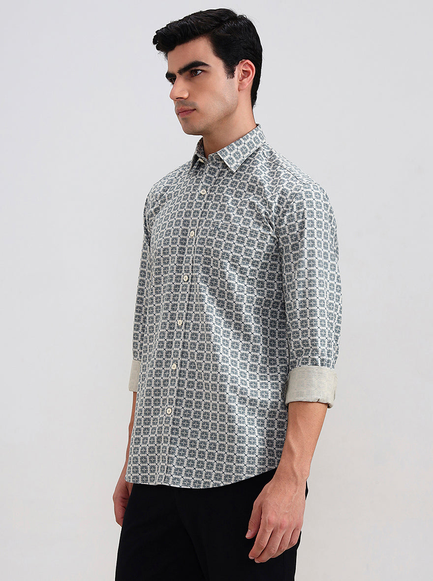 Dark Mint & Grey Printed Tailored Fit Semi Casual Shirt | JadeBlue