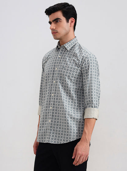Dark Mint & Grey Printed Tailored Fit Semi Casual Shirt | JadeBlue
