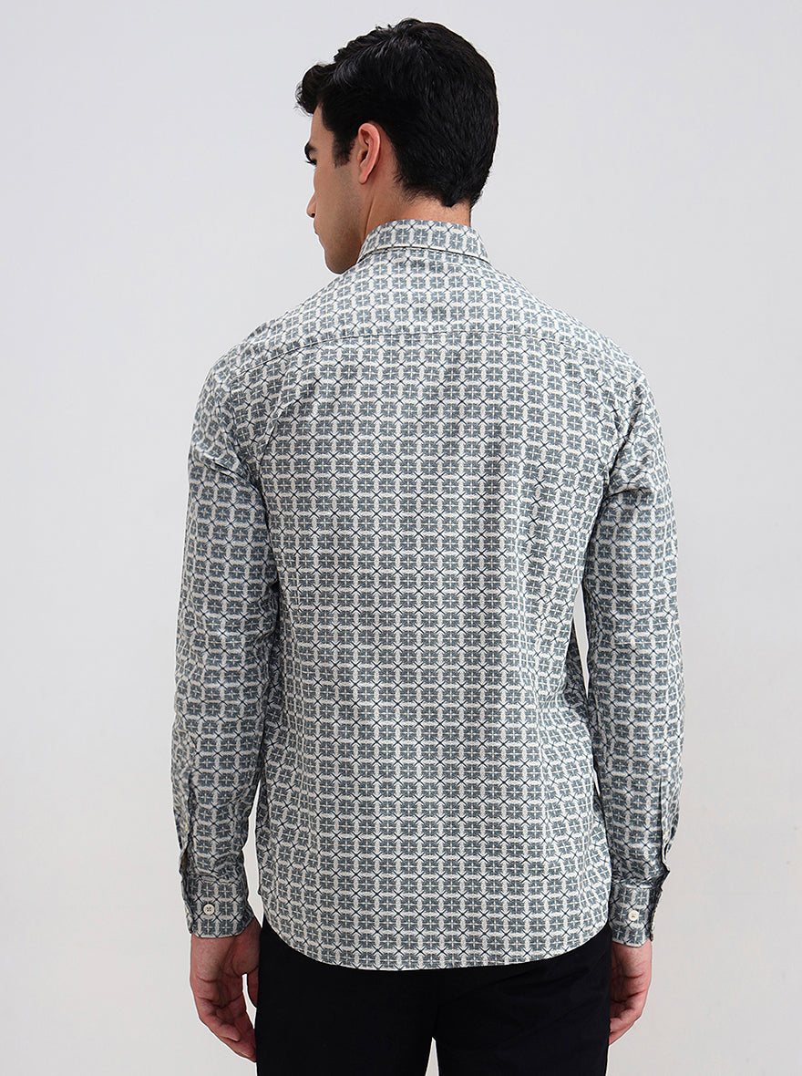 Dark Mint & Grey Printed Tailored Fit Semi Casual Shirt | JadeBlue