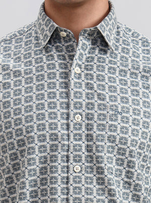 Dark Mint & Grey Printed Tailored Fit Semi Casual Shirt | JadeBlue