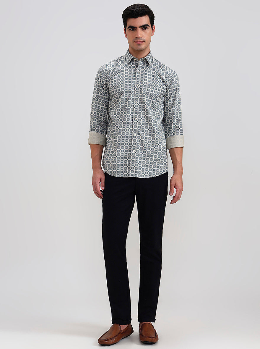 Dark Mint & Grey Printed Tailored Fit Semi Casual Shirt | JadeBlue