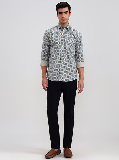 Dark Mint & Grey Printed Tailored Fit Semi Casual Shirt | JadeBlue