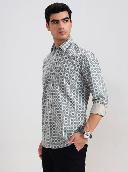 Dark Mint & Grey Printed Tailored Fit Semi Casual Shirt | JadeBlue
