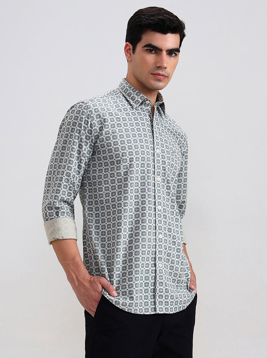 Dark Mint & Grey Printed Tailored Fit Semi Casual Shirt | JadeBlue