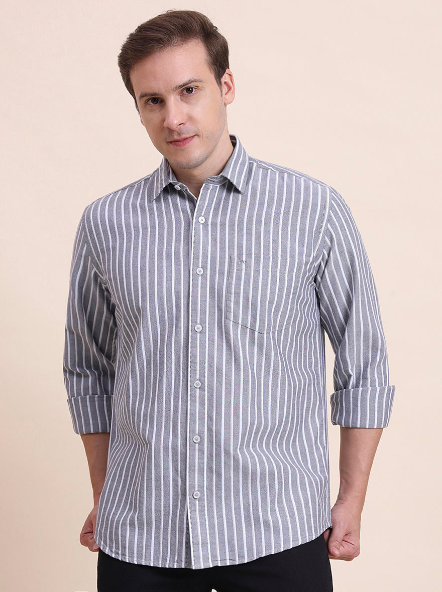 Grey Striped Tailored Fit Semi Casual Shirt | JadeBlue