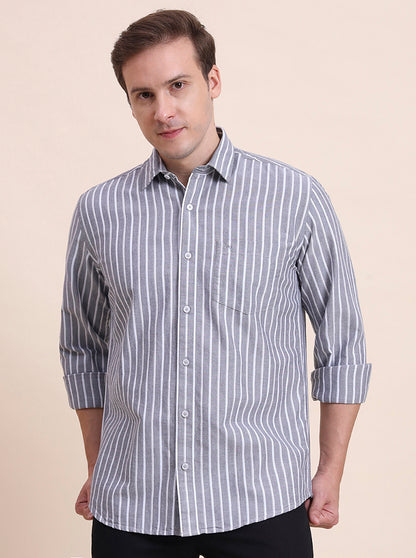 Grey Striped Tailored Fit Semi Casual Shirt | JadeBlue