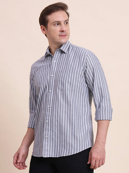 Grey Striped Tailored Fit Semi Casual Shirt | JadeBlue