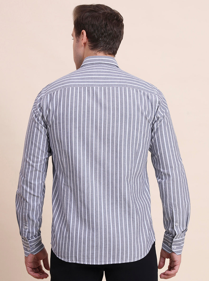 Grey Striped Tailored Fit Semi Casual Shirt | JadeBlue