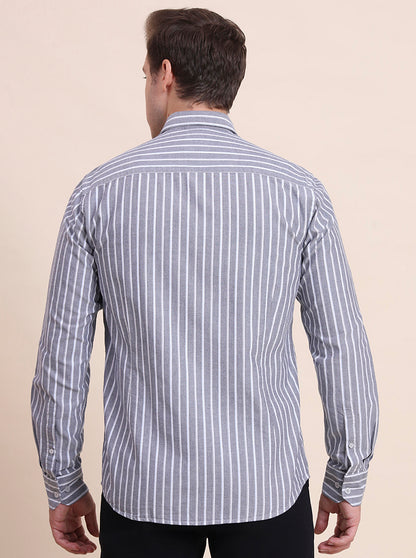 Grey Striped Tailored Fit Semi Casual Shirt | JadeBlue