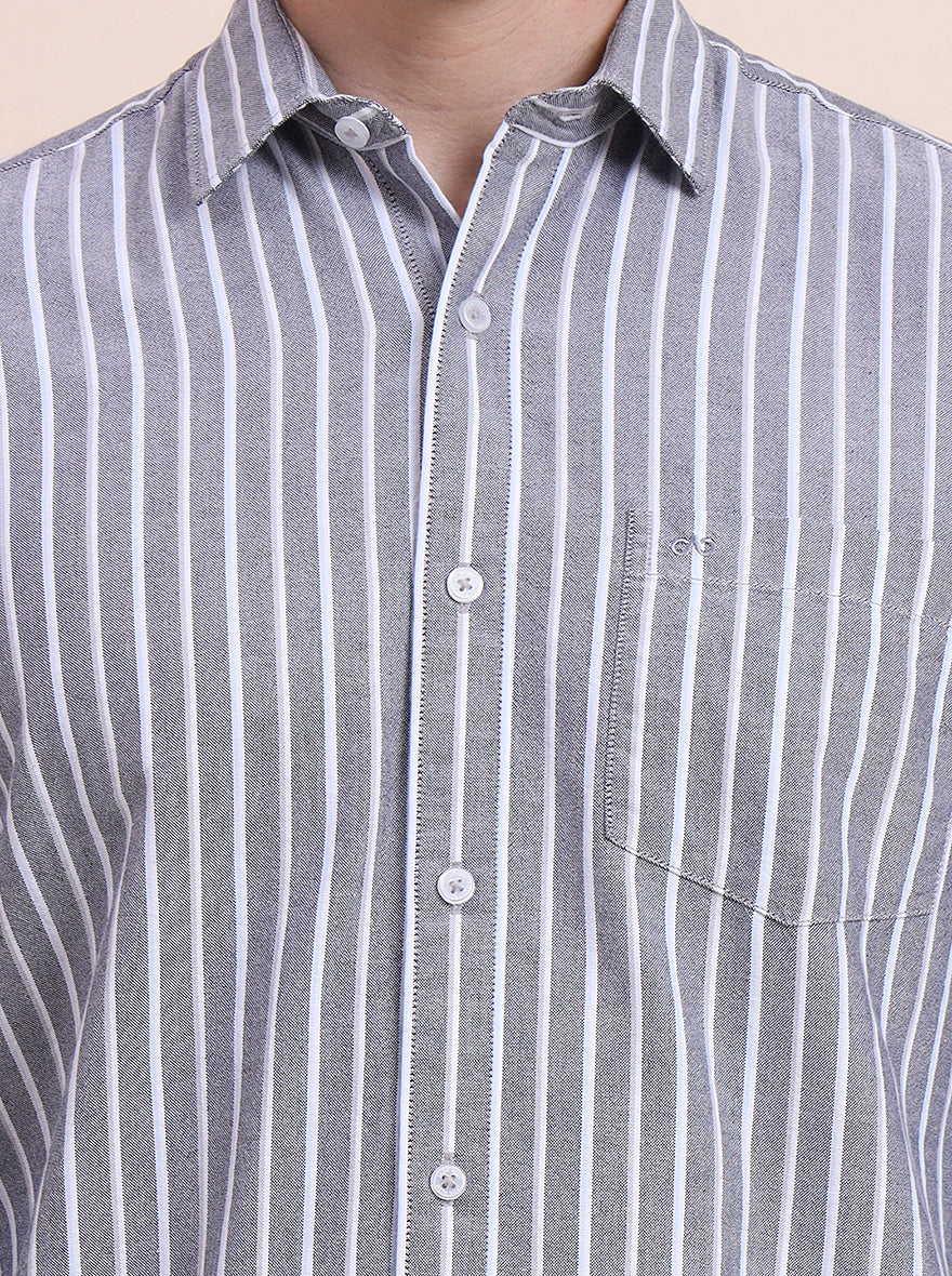 Grey Striped Tailored Fit Semi Casual Shirt | JadeBlue