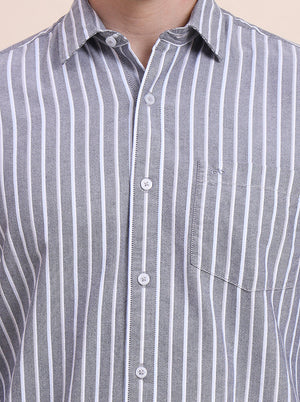 Grey Striped Tailored Fit Semi Casual Shirt | JadeBlue