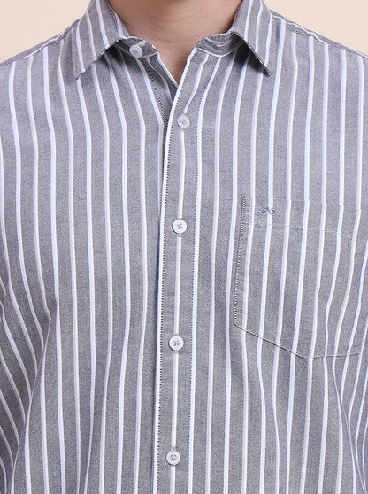 Grey Striped Tailored Fit Semi Casual Shirt | JadeBlue