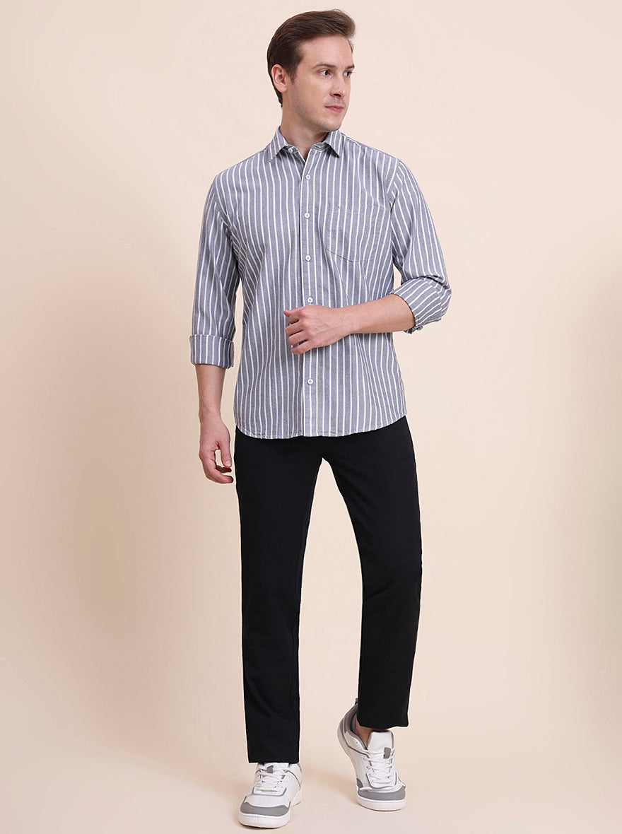 Grey Striped Tailored Fit Semi Casual Shirt | JadeBlue