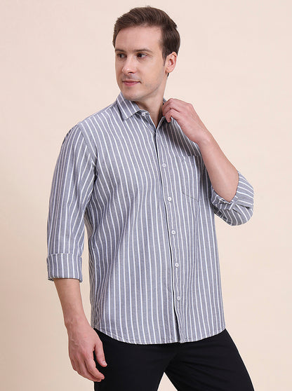 Grey Striped Tailored Fit Semi Casual Shirt | JadeBlue